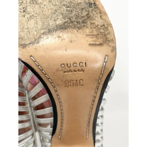 Gucci Silver Leather Heels Laser Cut Stripe Metallic Y2K Vintage Sz EU 36.5C 6.5 - Picture 10 of 10
